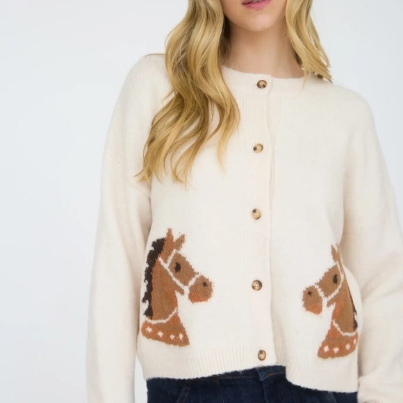 NWT Horse Graphic Jacquard Cardigan in Cream - Picture 2 of 4